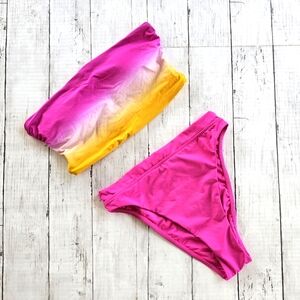 Victoria's Secret Bikini Set Pink White Yellow Ombre Bandeau Strapless Highwaist